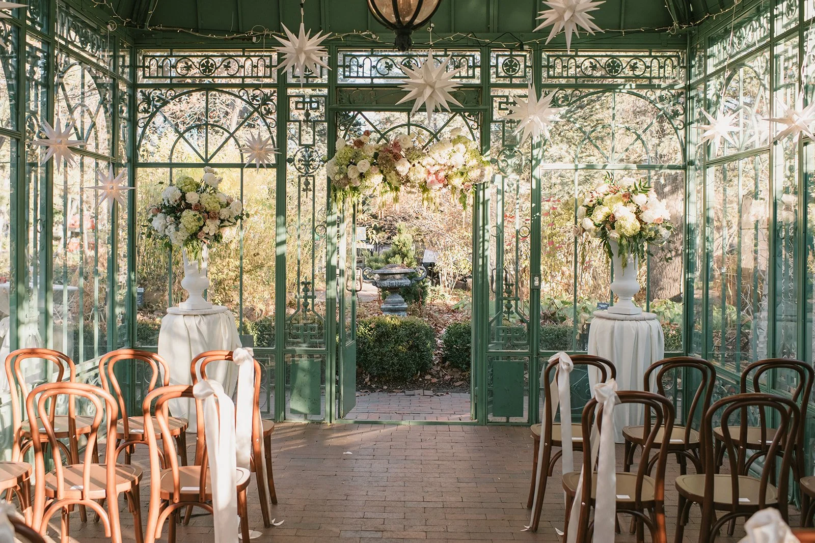 Woodland Mosaic Wedding Ceremony
Cafe chair wedding ceremony
Bow aisle decor
Photo Credit: Shelly Anderson