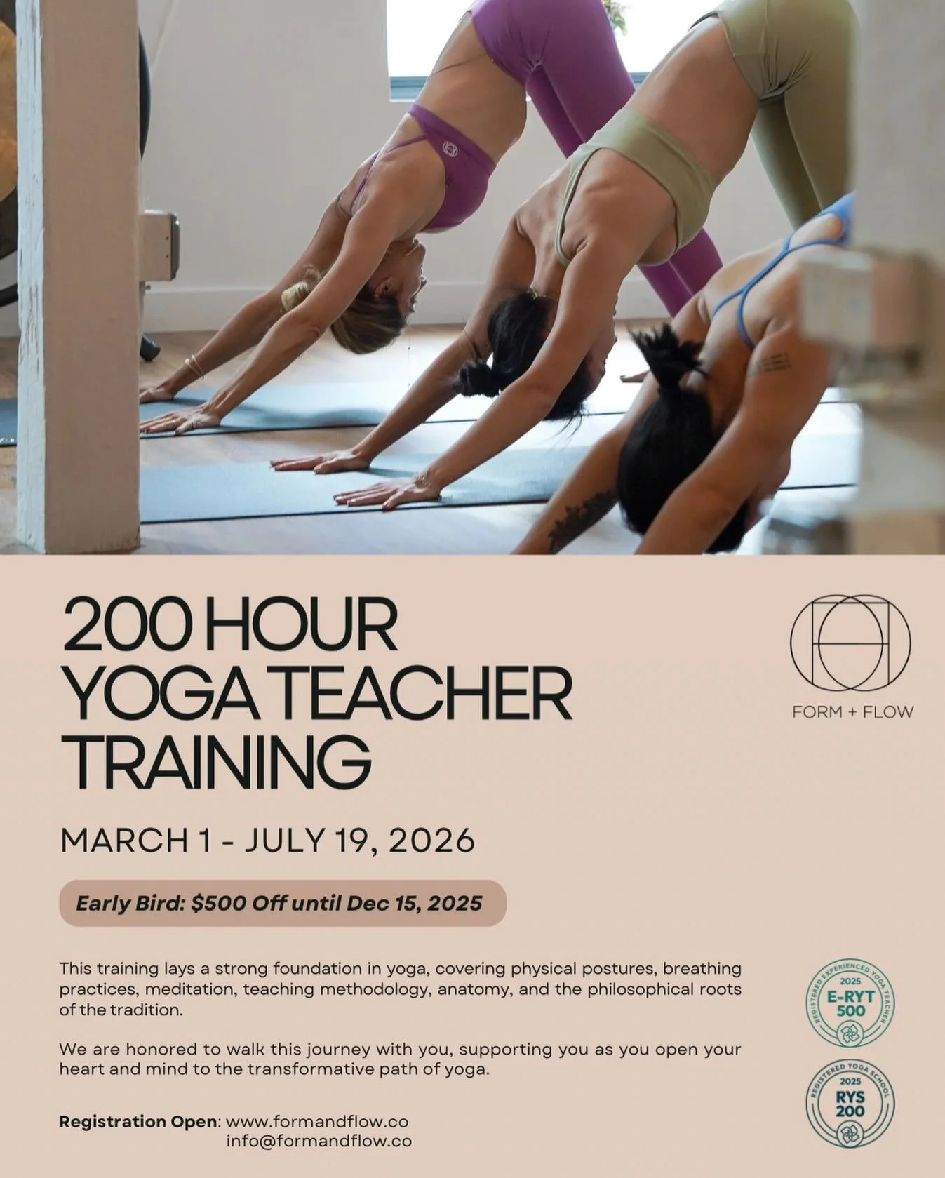 📣 Updated Early-Bird Deadline!
To prepare our YTT with the attention and care it deserves, we&rsquo;ve updated the early-bird discount:

✨ $𝟓𝟎𝟎 𝐨𝐟𝐟 𝐭𝐡𝐫𝐨𝐮𝐠𝐡 𝐃𝐞𝐜𝐞𝐦𝐛𝐞𝐫 𝟏𝟓

This helps us plan for the group size, materials, and tra