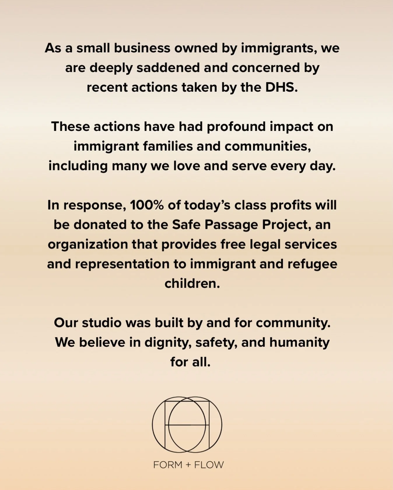 We&rsquo;re open for classes today. 100% of today&rsquo;s class profits will be donated to the Safe Passage Project, an organization that provides free legal services and representation to immigrant and refugee children.

In addition, our teacher Jua