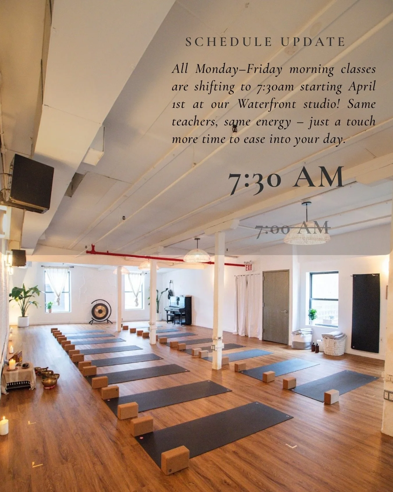 ☀️ Starting April 1st, join us Monday &ndash; Friday at 7:30am at Waterfront.

MON &bull; 7:30&ndash;8:20am &bull; Vinyasa 
TUE &bull; 7:30&ndash;8:20am &bull; Yoga Sculpt
WED &bull; 7:30&ndash;8:20am &bull; Vinyasa
THU &bull; 7:30&ndash;8:20am &bull