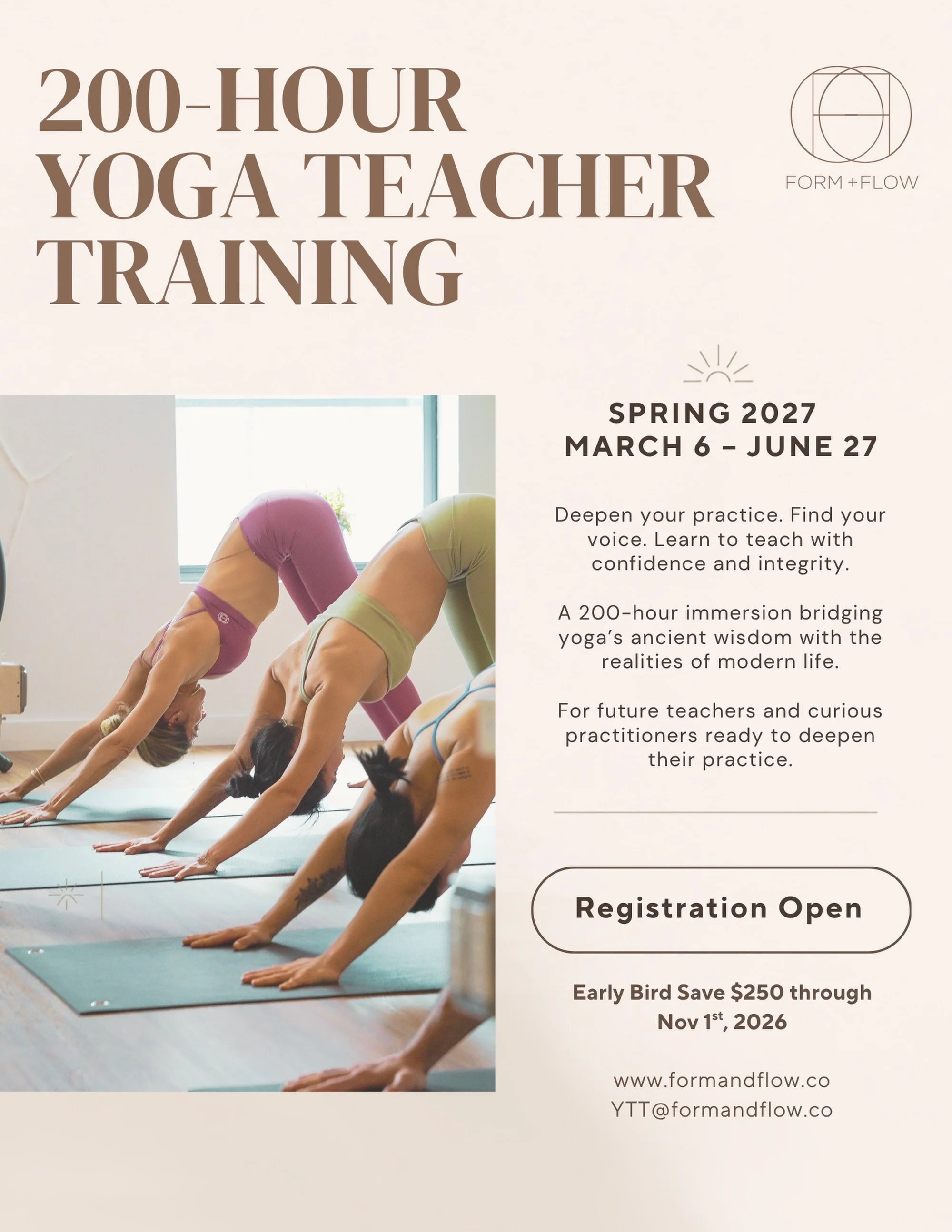 Registration Open! We are delighted to announce our 2027 spring 200-hour Yoga Teacher Training program, a transformative journey into the art, science, and soul of yoga. 

Our curriculum bridges ancient teachings with modern life - exploring the rele