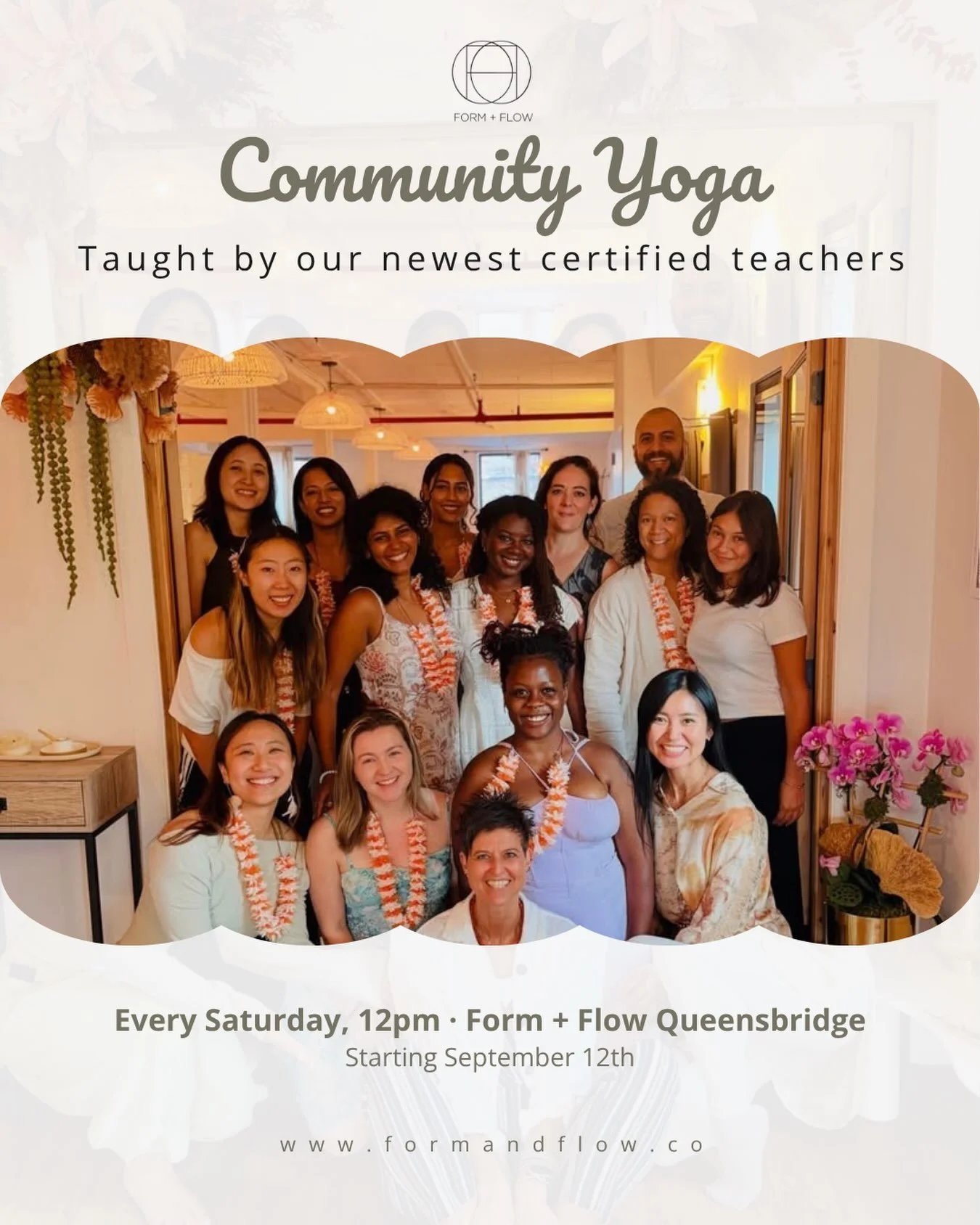 Introducing Community Yoga. 🌿

We&rsquo;re so excited to launch something new:

Every Saturday at 12pm, we&rsquo;re celebrating the graduates of our Yoga Teacher Training by having them lead class right here at Form + Flow Queensbridge.

Members can