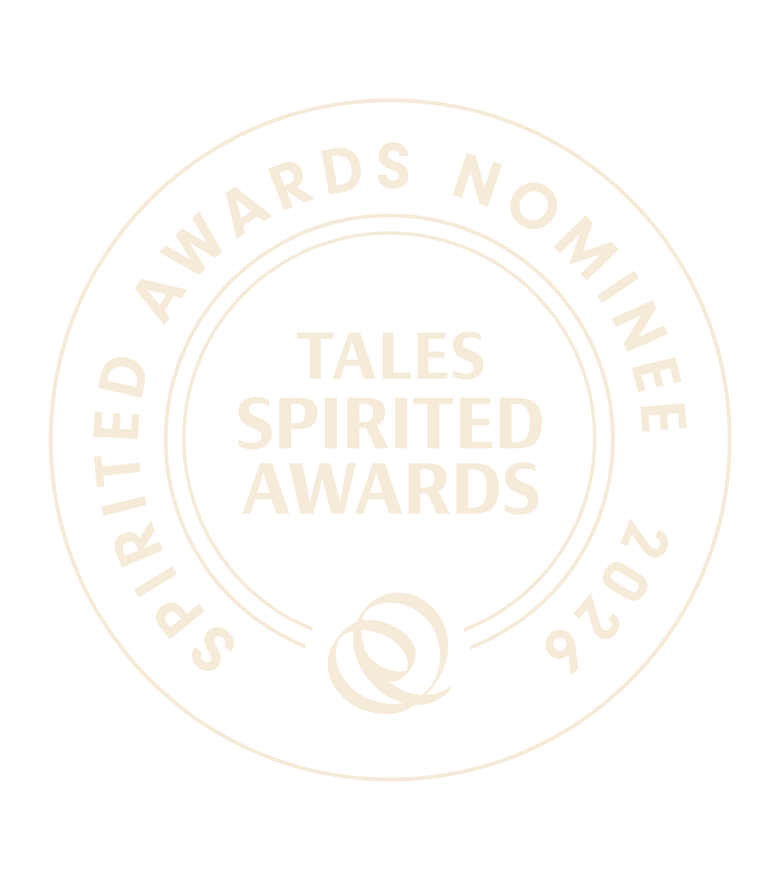 Close-up of a circular logo with the words "Tales Spirited" and "Awards" and a stylized ampersand in the middle, on a black background.