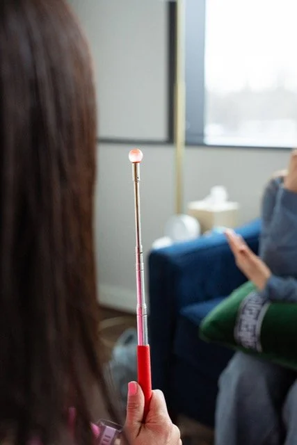 Person holding a pointer in a therapy or consultation room.