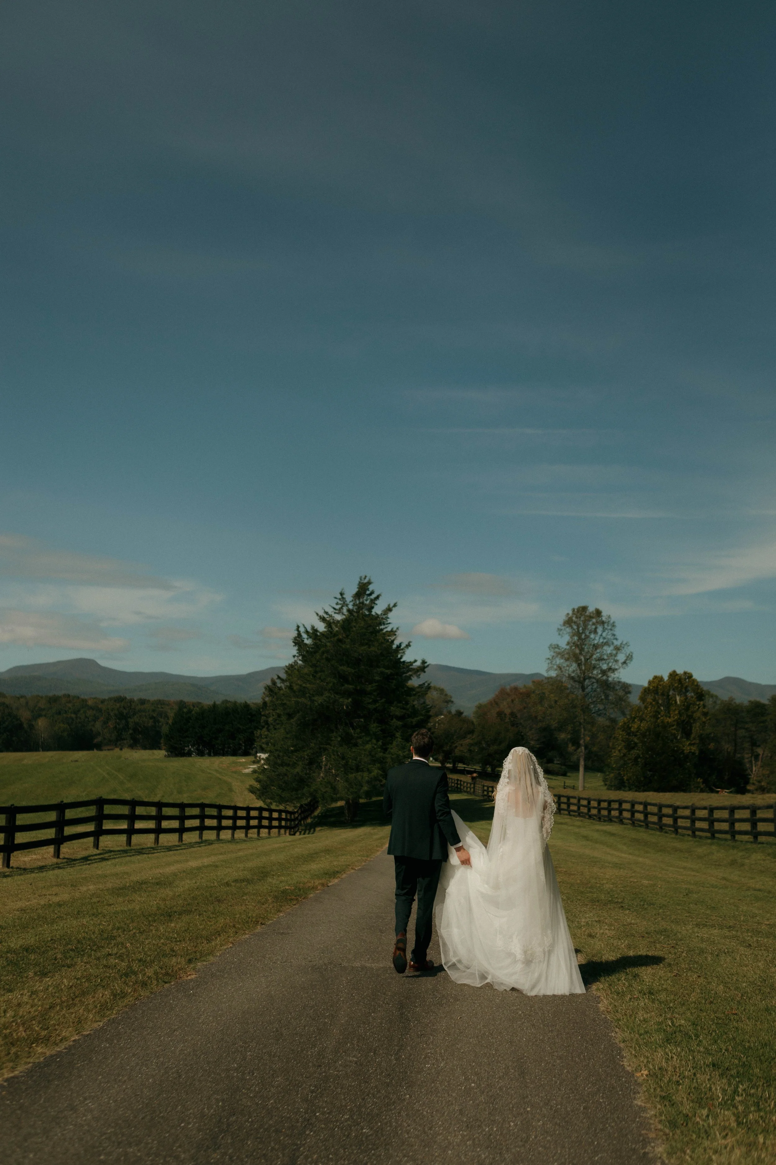 A bride and groom walking hand in hand on a paved path through a green field, with trees and distant mountains under a partly cloudy sky.