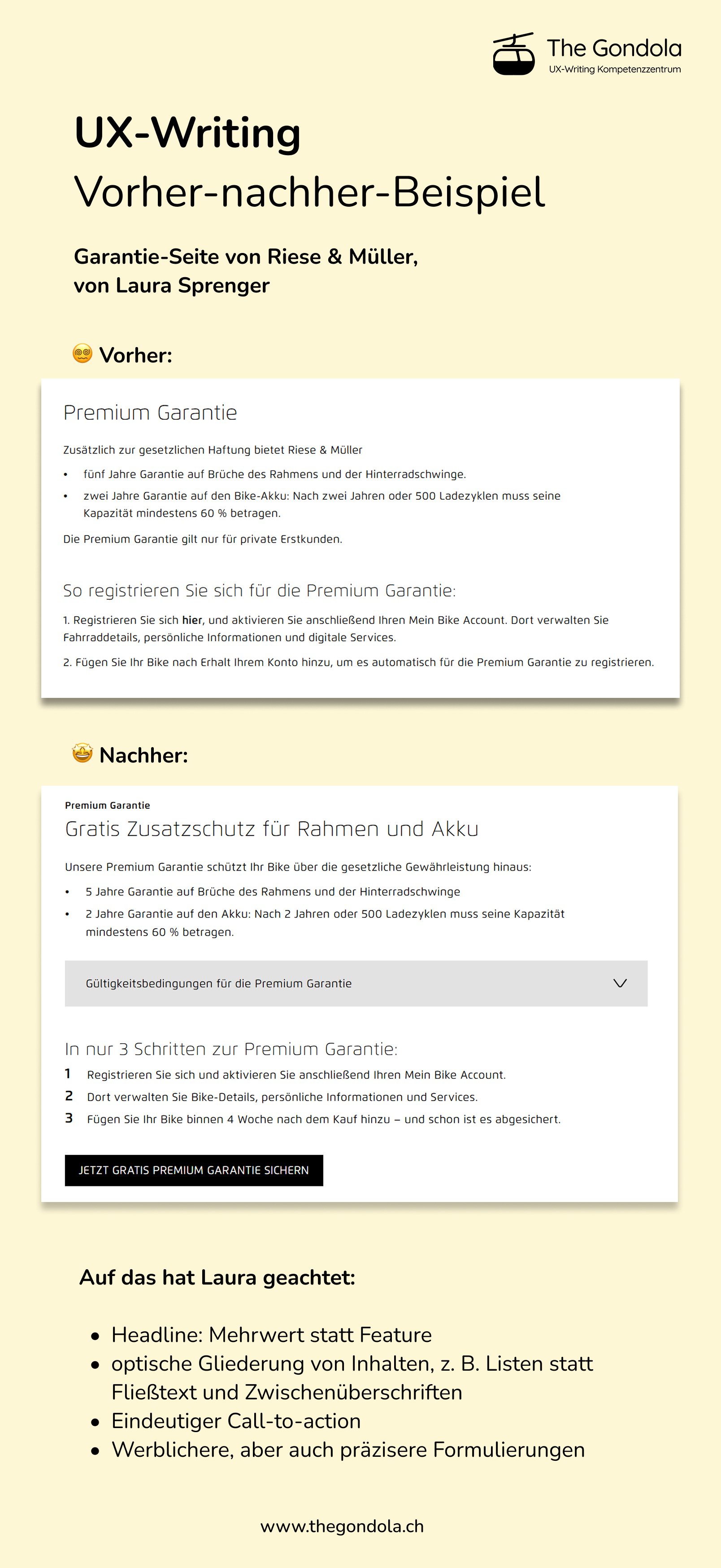 Vorher-Nachher Beispiel Riese und Müller: Headline: Mehrwert statt Feature, optische Gliederung von Inhalten, z. B. Listen statt Fließtext und Zwischenüberschriften, Eindeutiger Call-to-action, Werblichere, aber auch präzisere Formulierungen