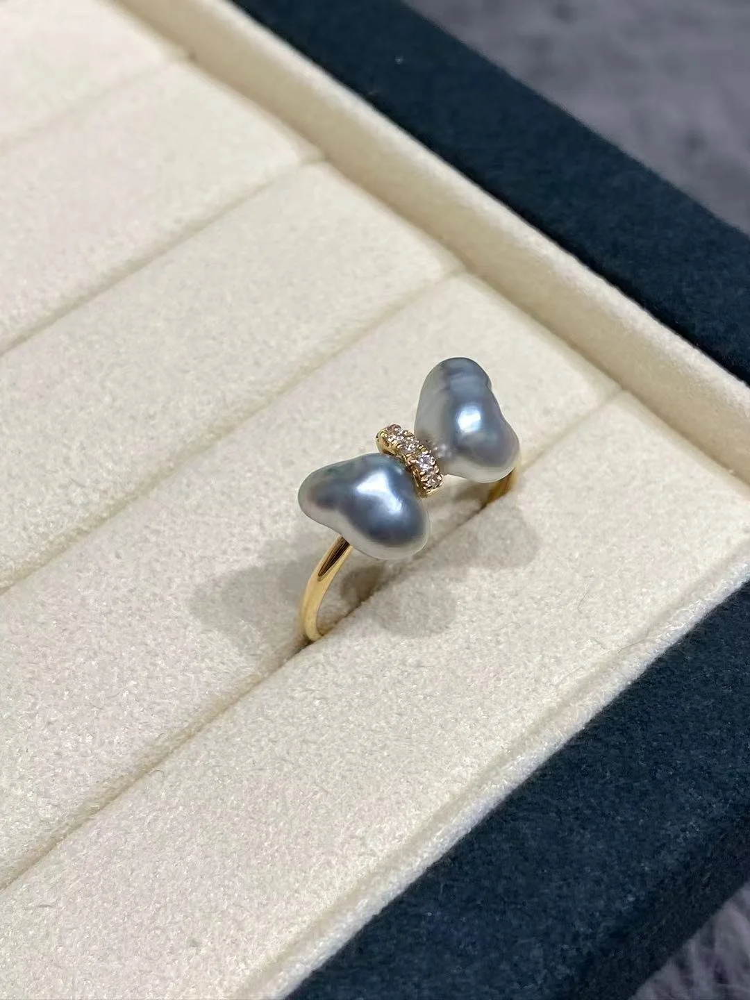 18K Yellow Gold&Lab-Grown Diamond Tahiti Keshi Cultured Pearl Ring