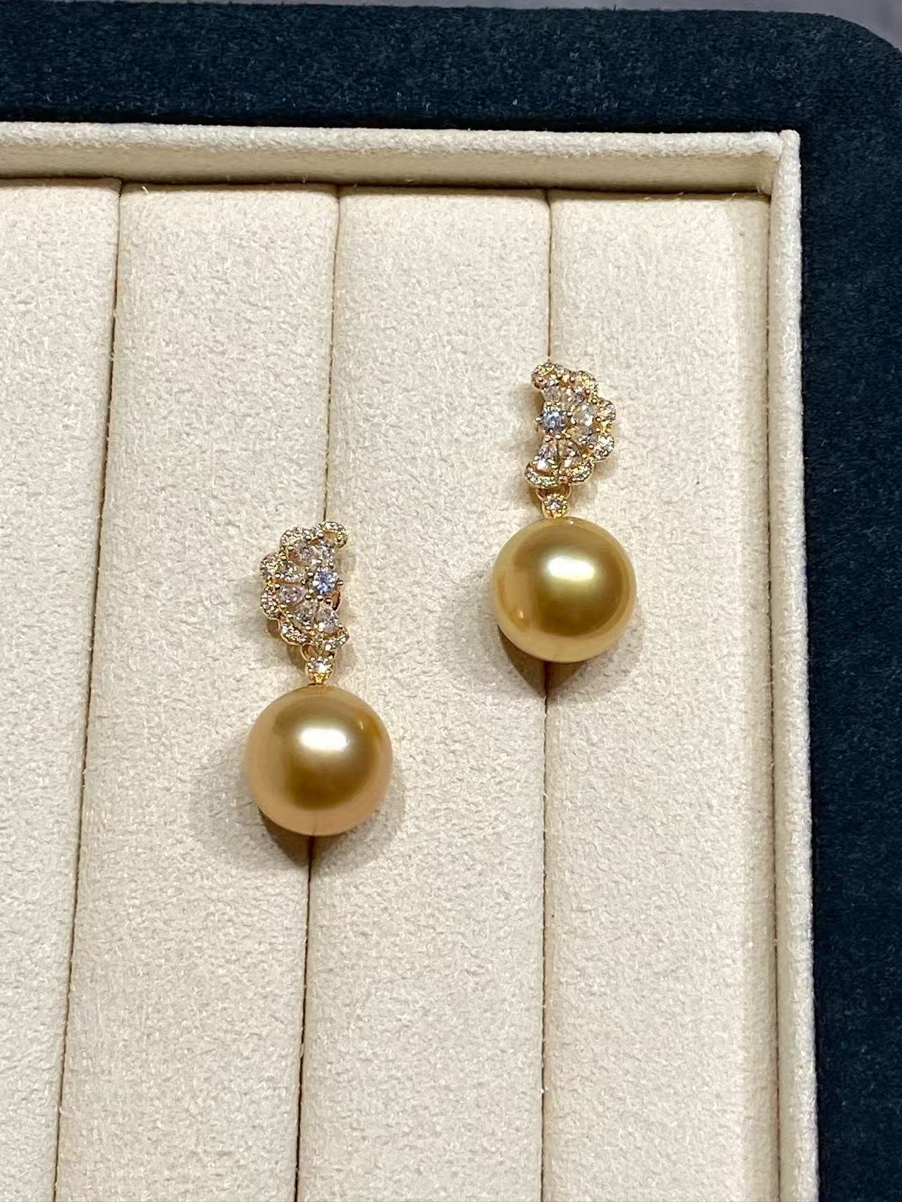 18K Yellow Gold&LLab-Grown Diamond South Sea Golden Cultured Pearl Earrings