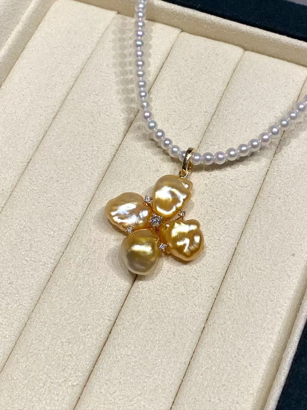 18K Yellow Gold&Lab-Grown Diamond South Sea Golden Keshi Cultured Pearl Pendant