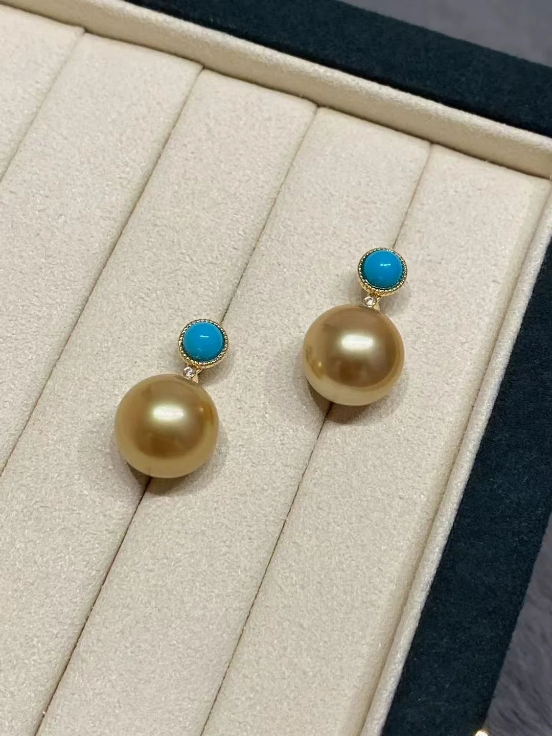 18K Yellow Gold&Turquoise South Sea Golden Cultured Pearl Earrings