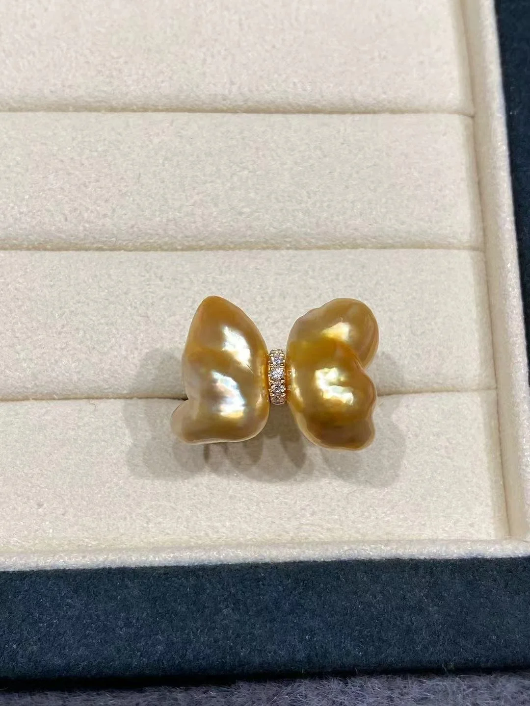 18K Yellow Gold&Lab-Grown Diamond South Sea Golden Keshi Cultured Pearl Ring