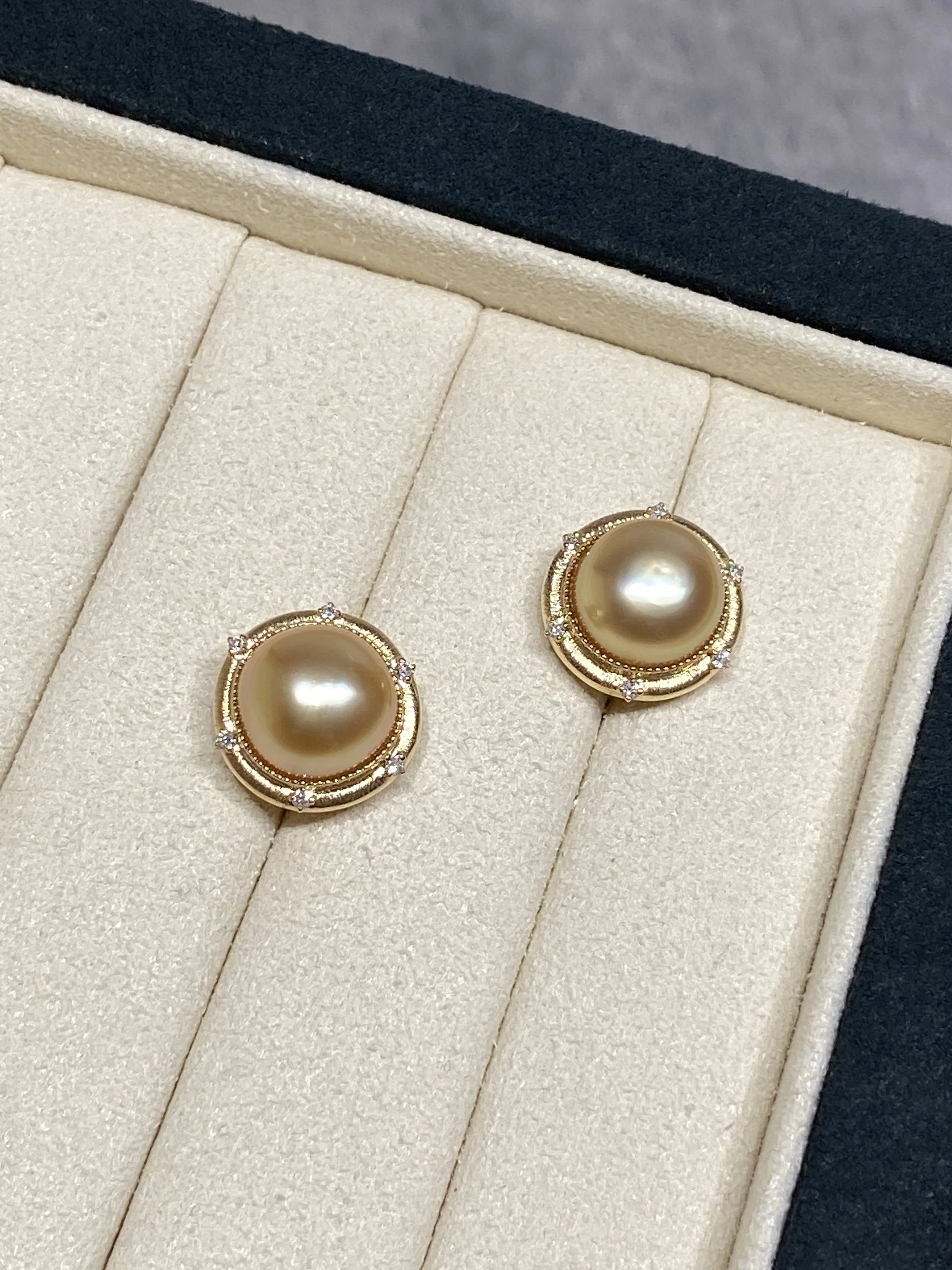 18K Yellow Gold&Lab-Grown Diamond South Sea Golden Keshi Cultured Pearl Earrings