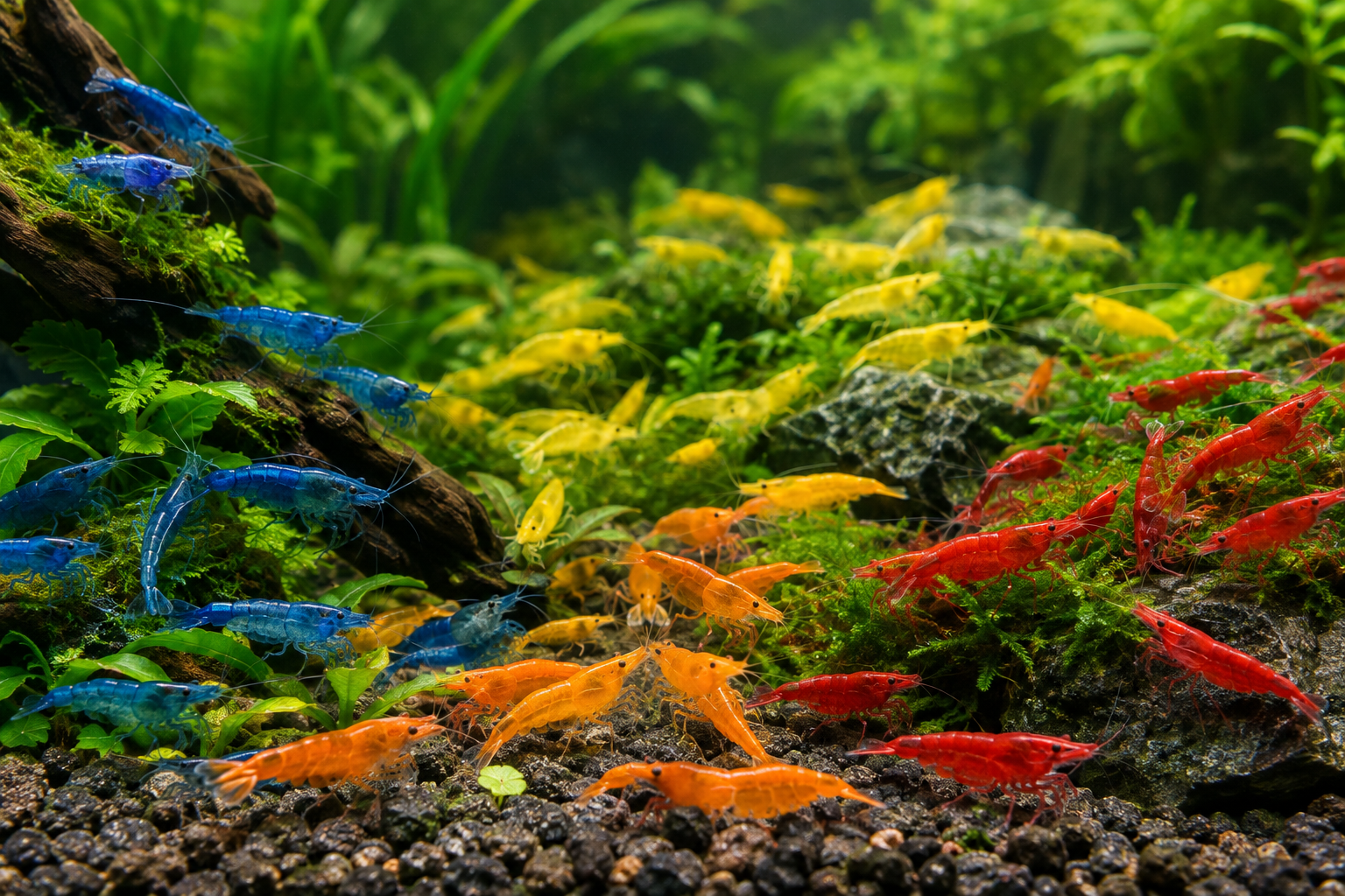 400 Live Neocaridina Shrimp – 100 Each Color | Blue Dream, Yellow, Orange Sunkist & Fire Red