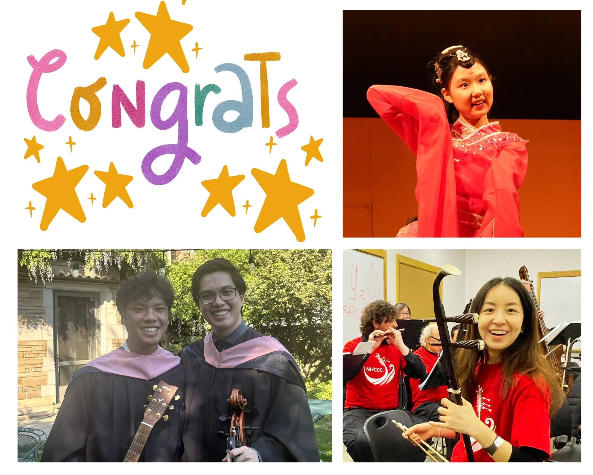 Congratulations to our graduates - Jiayan (pipa, dance, poetry), Brandon (zhongruan, guitar), Dylan (cello), Mei (erhu)! Wishing you the best as you start the next chapter!