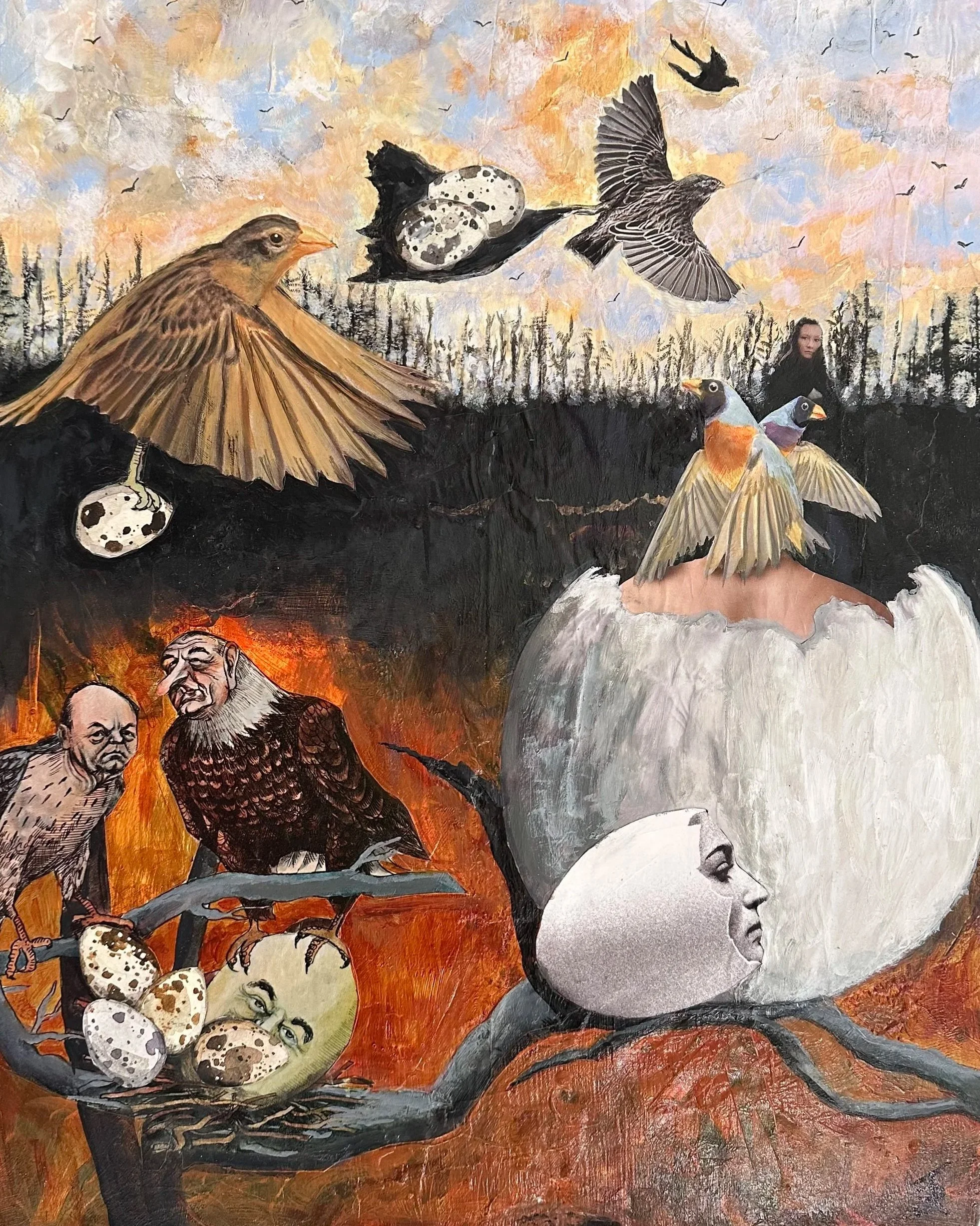 "Hatched"
Mixed-media acrylic painting
20" x 24"
Drawing from the C.S. Lewis quote: "We must go hatched or go bad". This piece displays an aviary with a fractured landscape. Above, the birds in flight carry the promise of freedom; below, human-fac