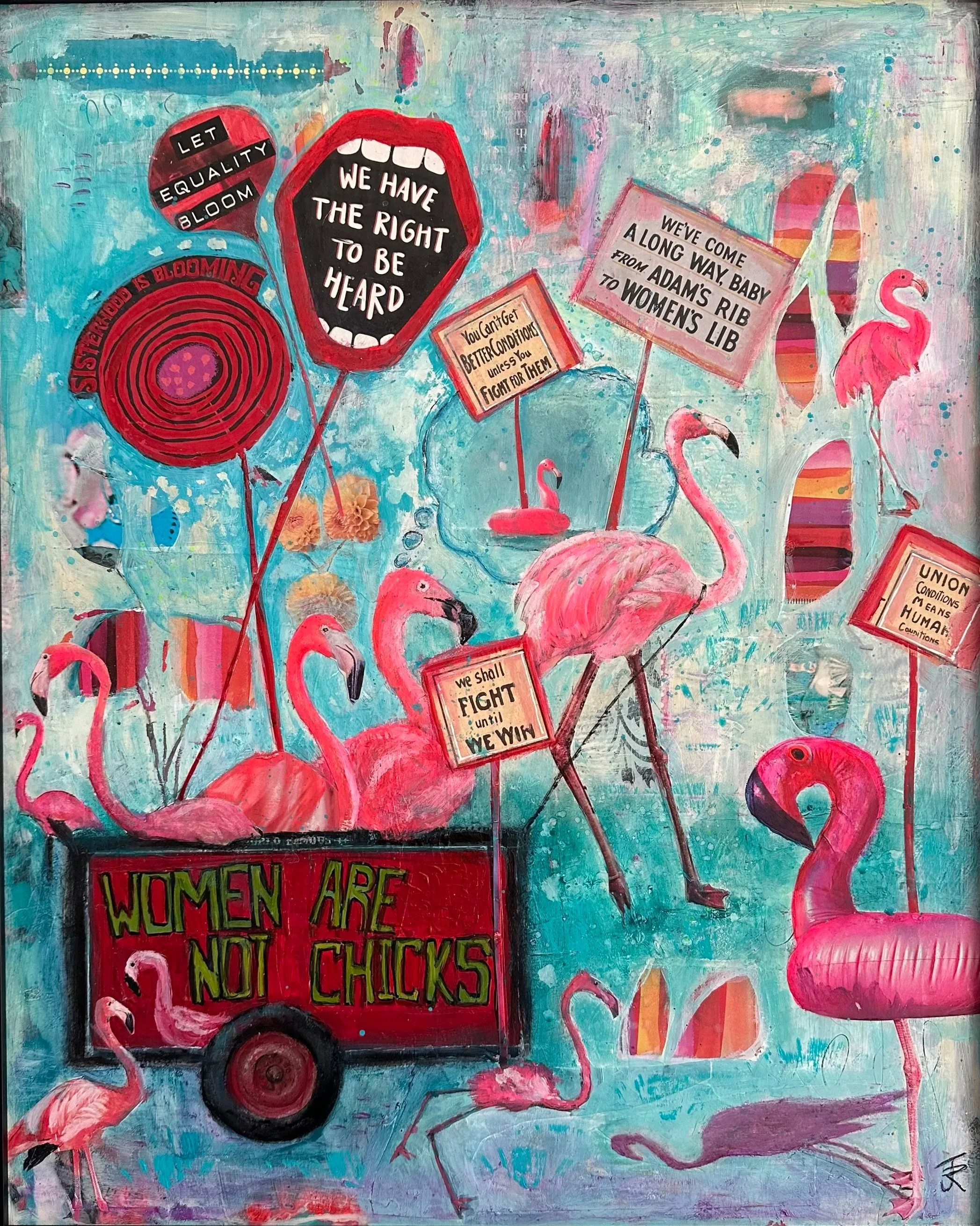 "Feminist Flamingos on Parade"
Mixed-media acrylic on canvas
20" x 24" in metal black frame
Step into a vibrant exploration of empowerment and resilience with "Feminist Flamingos on Parade." This captivating mixed-media piece features a dynamic floc