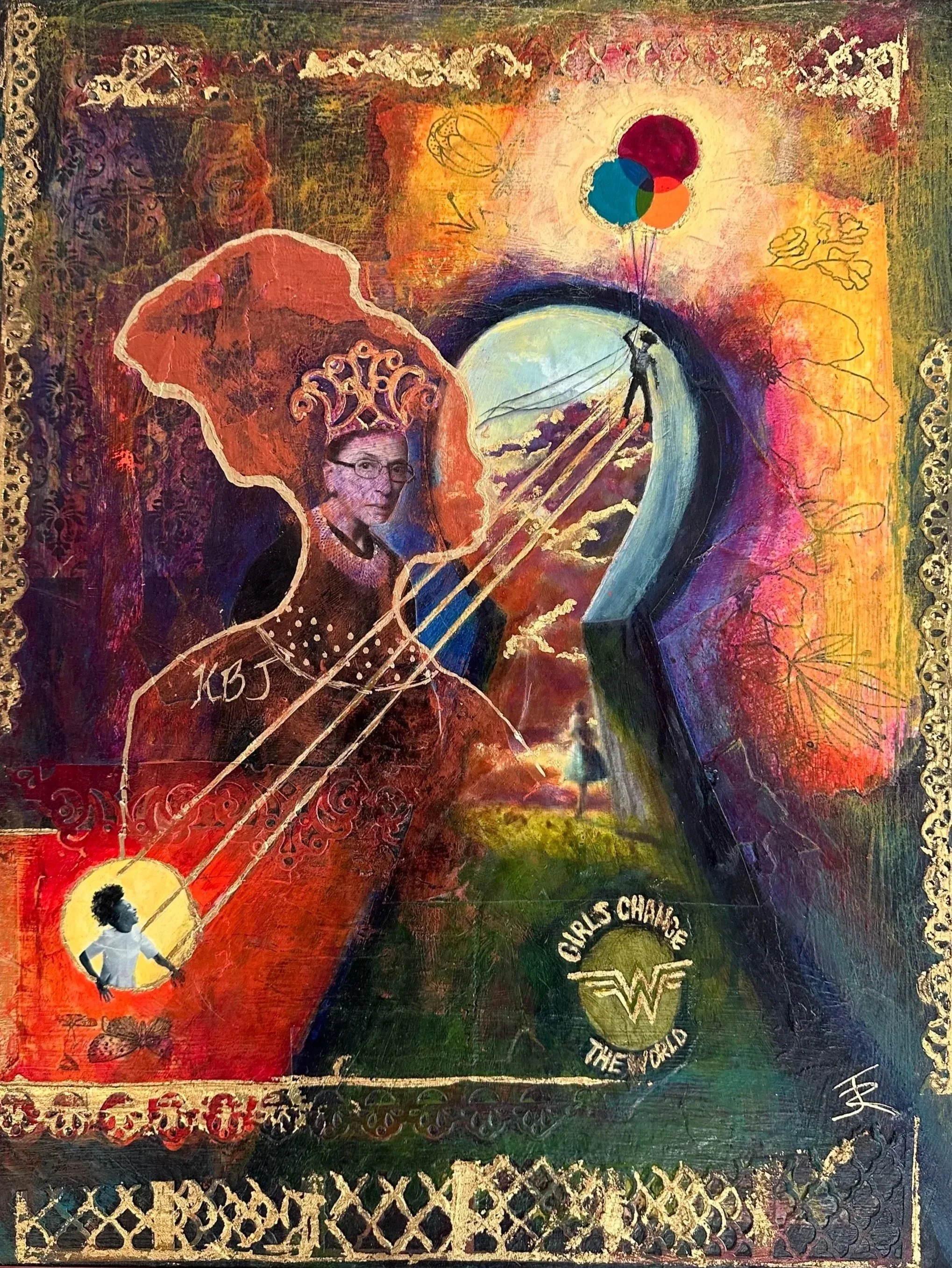 "Still, I Rise"
18" x 20"
Mixed-media acrylic painting on board
In "Still, I Rise," this evocative 18" x 20" mixed-media acrylic painting captures the powerful narrative of progress and resilience as embodied by Supreme Court Justice Ketanji Brown J