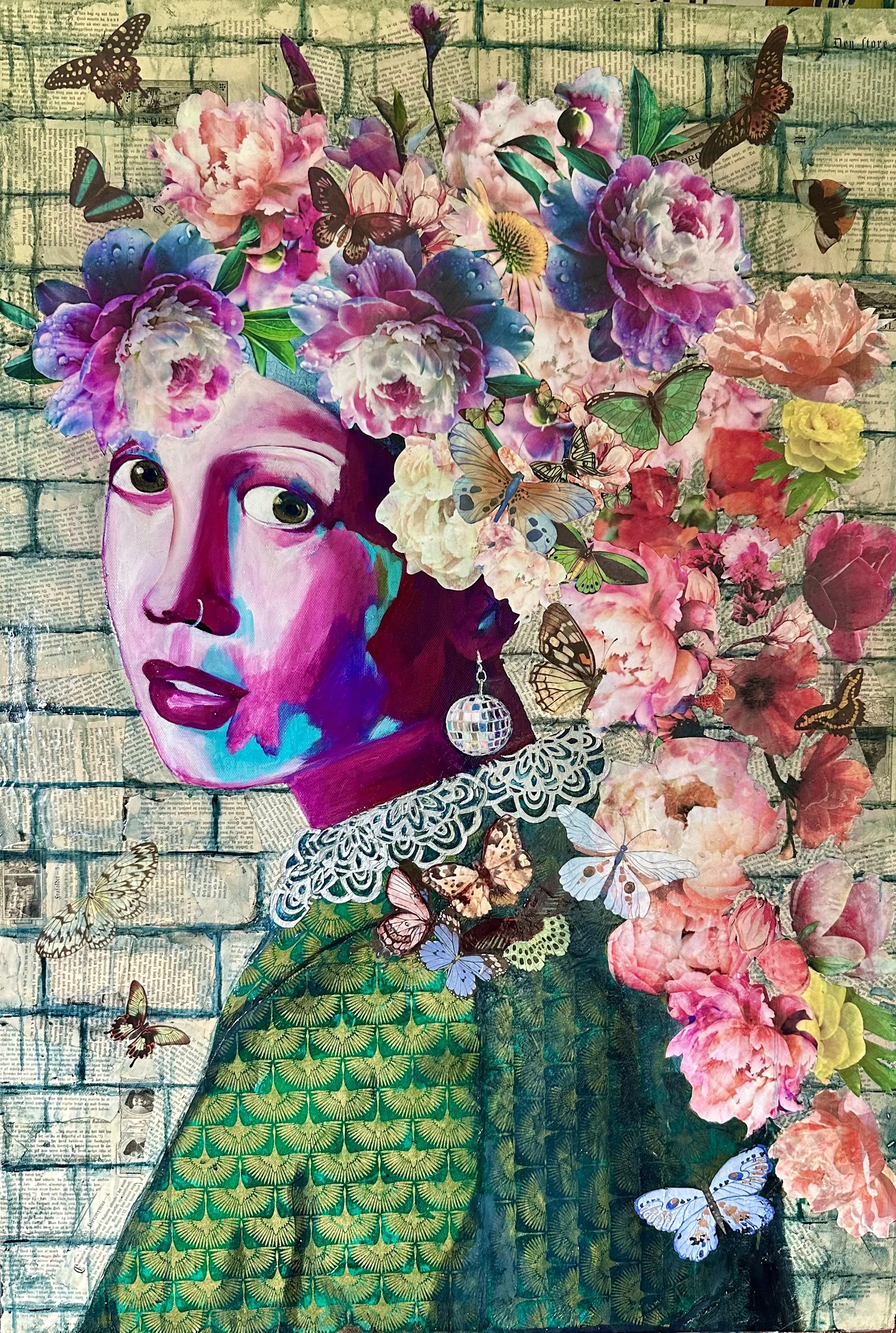 "The Girl With The Disco Ball Earring"
Mixed-media acrylic painting on canvas
Inspired by the classic painting "The Girl With The Pearl Earring"
Canvas: 46" x 32"
In custom frame: 59" x 39"
Step into a vibrant reinterpretation of a timeless masterp