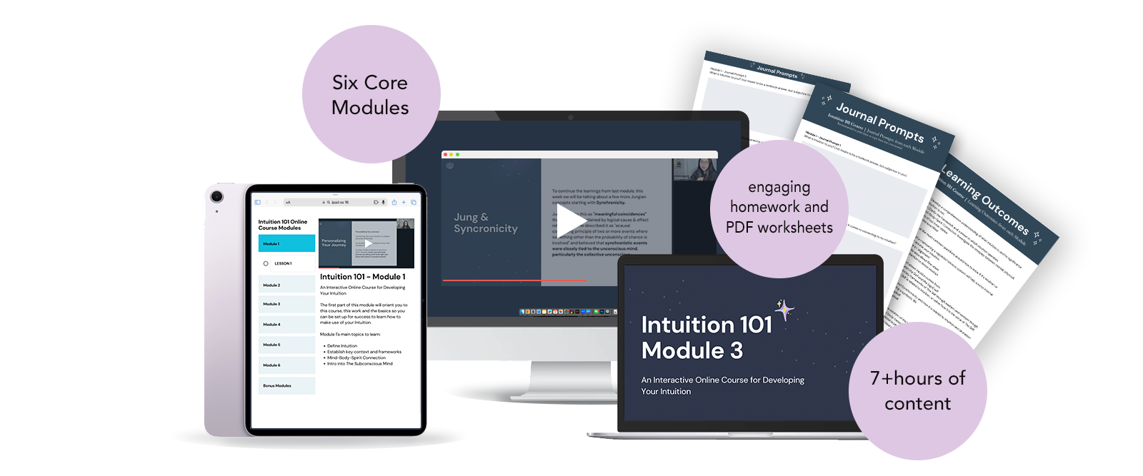 Digital learning course materials for an intuition development course, including tablets and a computer, displaying course modules, video, PDFs, and journal prompts with labels highlighting core modules, engaging homework, and over 7 hours of content.