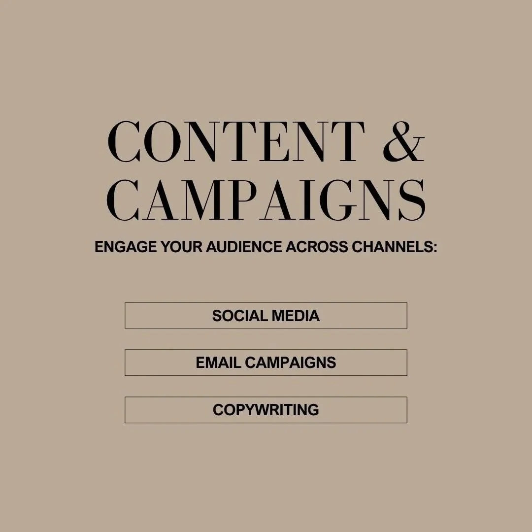A presentation slide titled 'Content & Campaigns' with the subtitle 'Engage your audience across channels' and three options: Social Media, Email Campaigns, Copywriting.