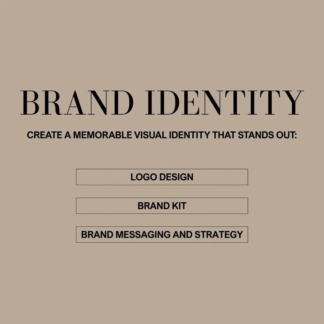 A beige-colored digital menu with black text offering branding services, including logo design, brand kit, and brand messaging and strategy.