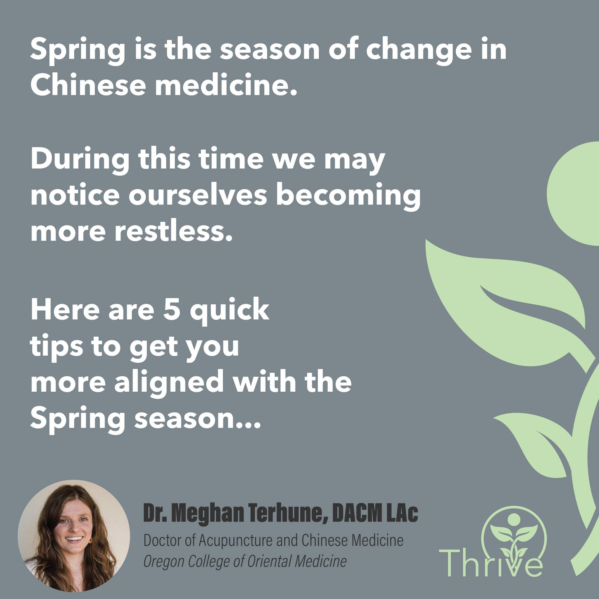 As the snow swiftly melts and green up approaches, we wanted to share some Chinese Medicine lifestyle information from our acupuncturist, Dr. Meghan Terhune.

Spring corresponds to the Wood Element and the Liver and Gall Bladder organs, and is the ti
