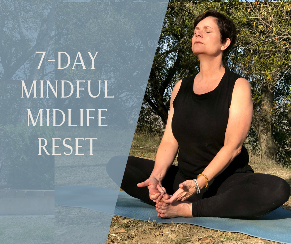 Woman 50+ practicing yoga and meditation outdoors during a 7-day mindful midlife reset program.