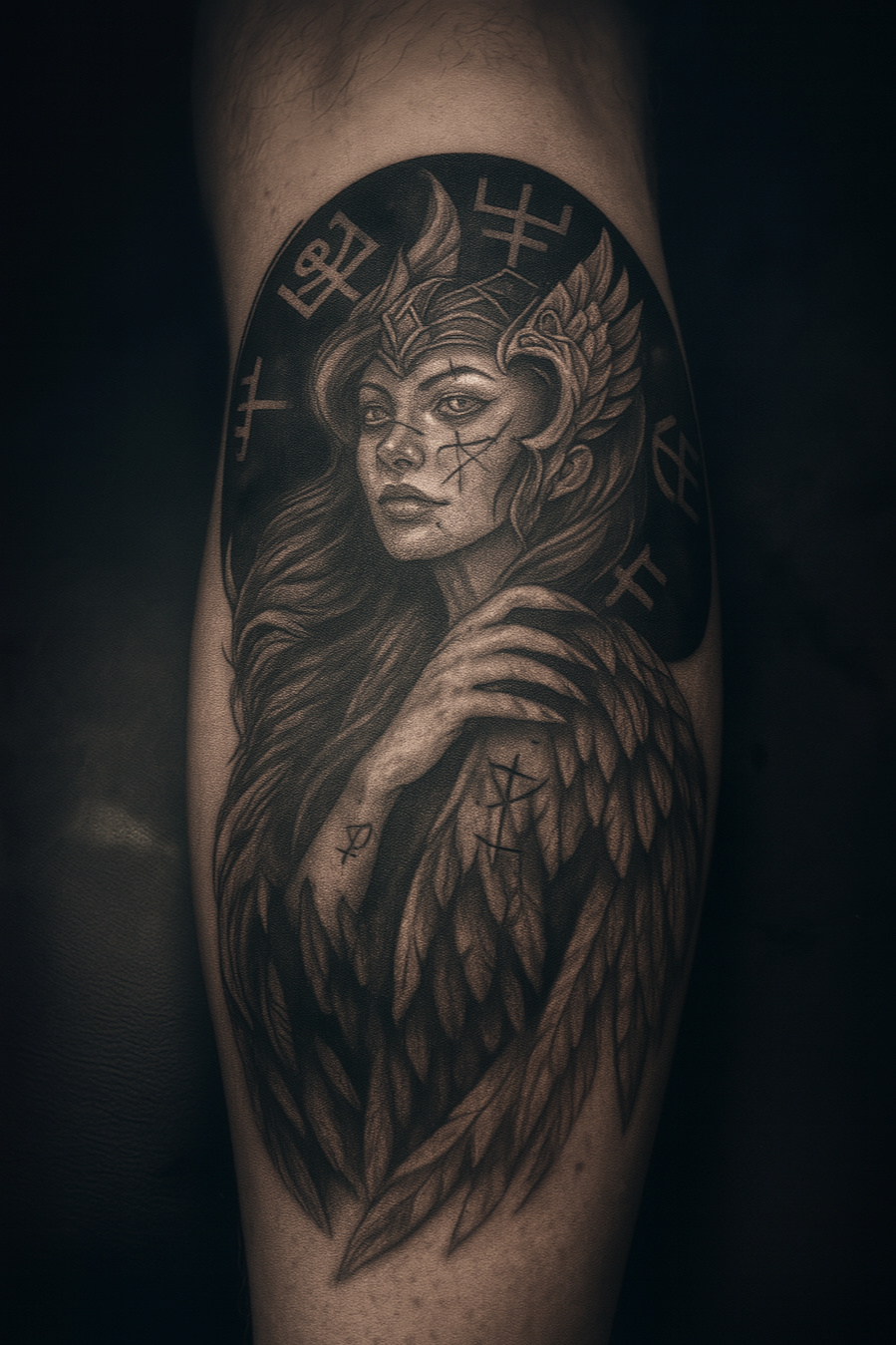 Tattoo of a woman with long flowing hair, animal features including a lion and dragon motifs, surrounded by symbols, on a person's upper arm.