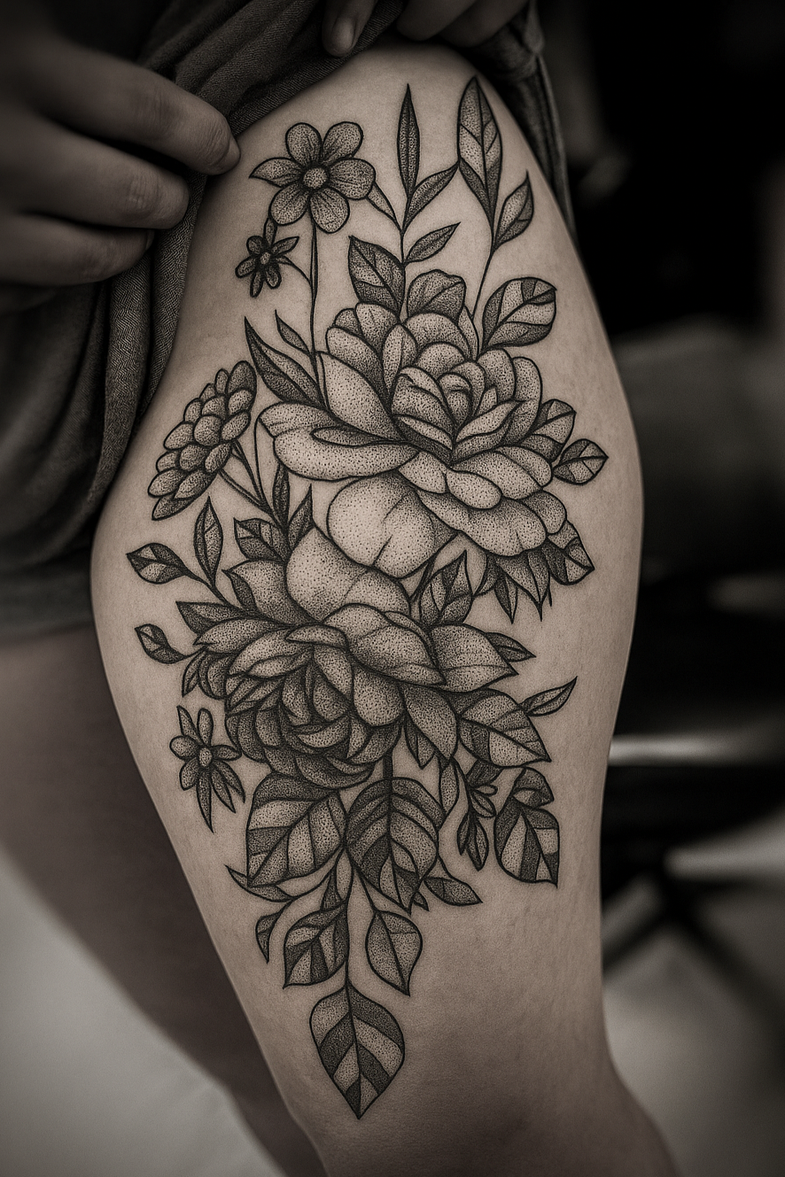 Black and gray floral tattoo featuring large roses, smaller flowers, and leaves on a person's thigh.
