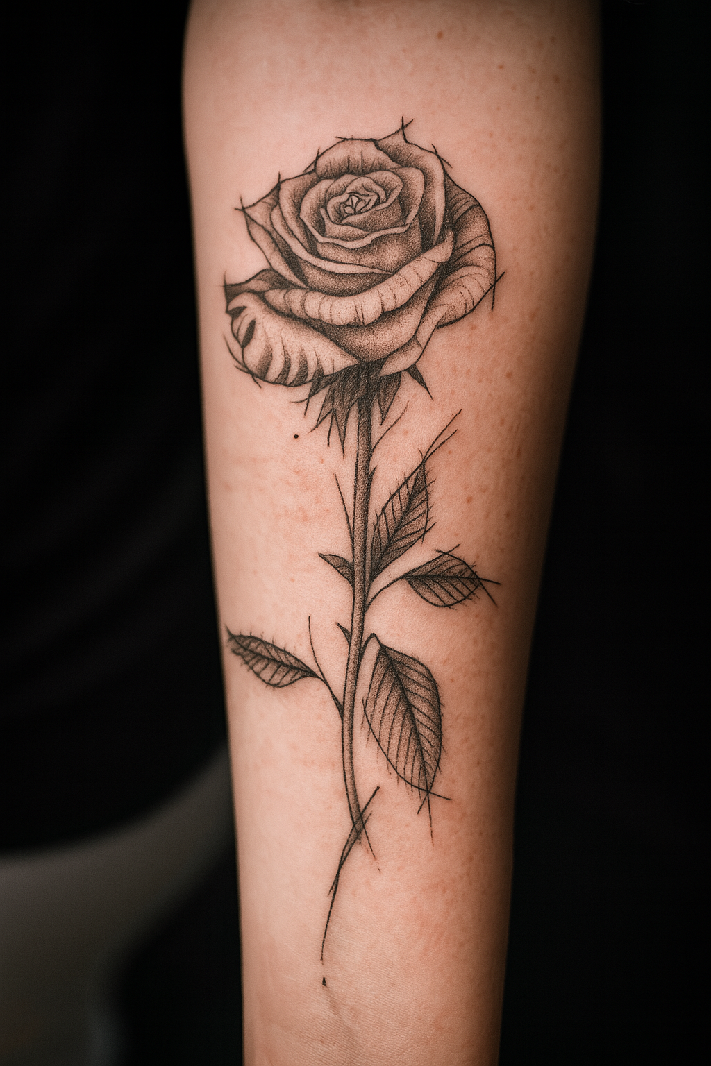Black and gray tattoo of a detailed rose with leaves on a person's arm.