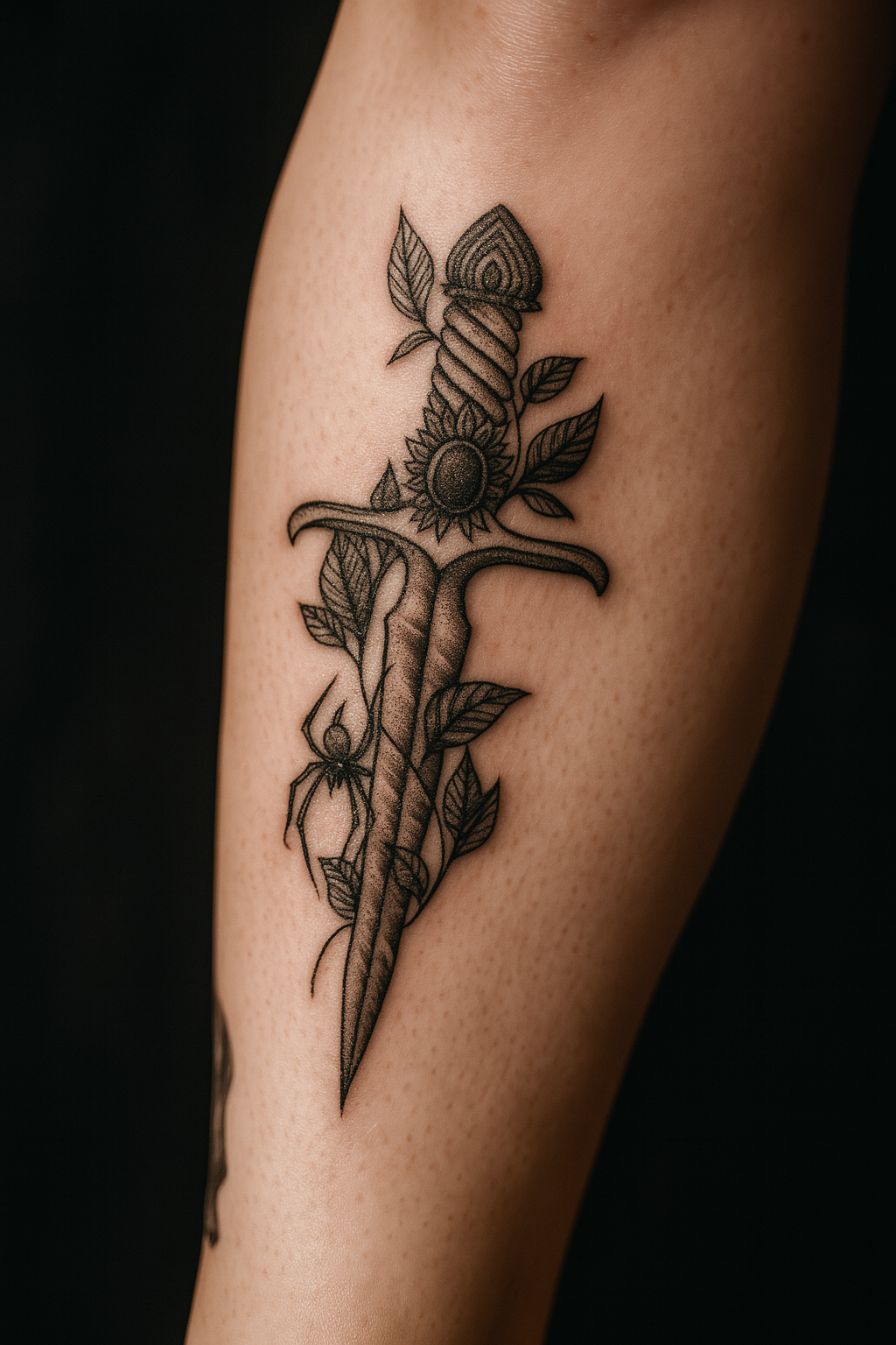 Black ink tattoo of a sword with a sunflower at the top, leaves around the sword, and a spider hanging from a thread.