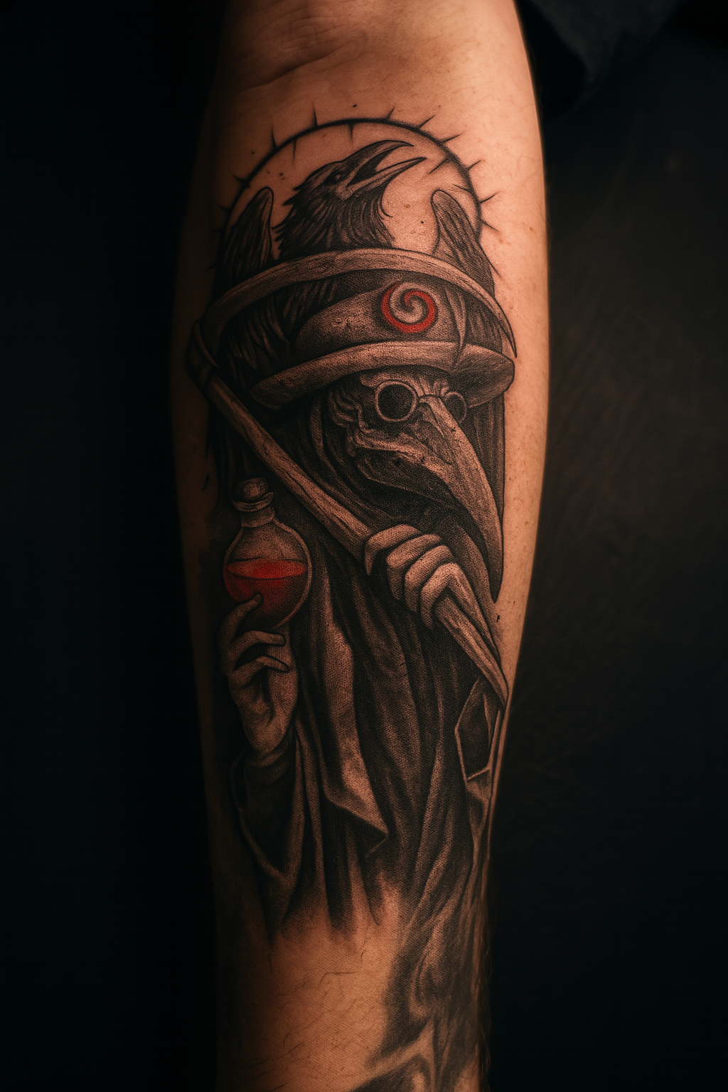 A tattoo of a black plague doctor with a bird's beak mask, wearing a wide-brimmed hat with a red spiral, holding a test tube filled with red liquid, with a raven perched on his hat, and a halo outlined with spikes in the background.
