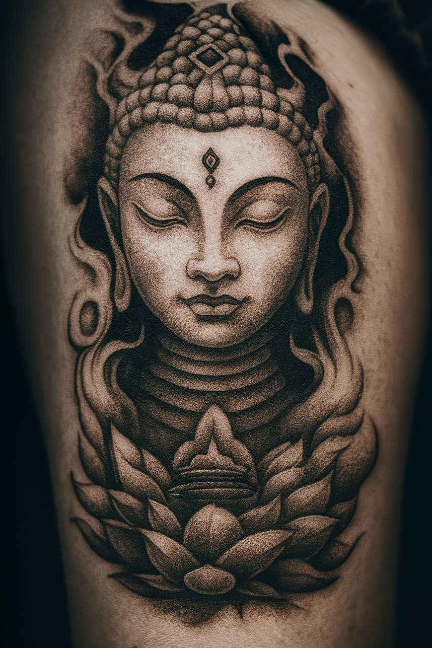 Tattoo of a serene Buddha face with closed eyes, a third eye in the middle of the forehead, lotus flower at the bottom, and flowing hair, in black and gray ink.