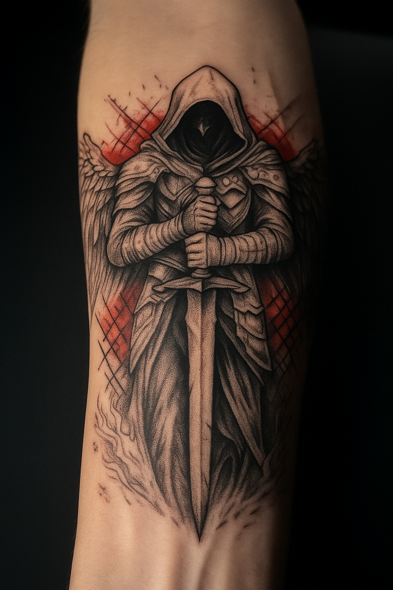 Tattoo of an armored figure with wings holding a sword, with a hood covering the face, shades of black and gray, with red highlights behind.