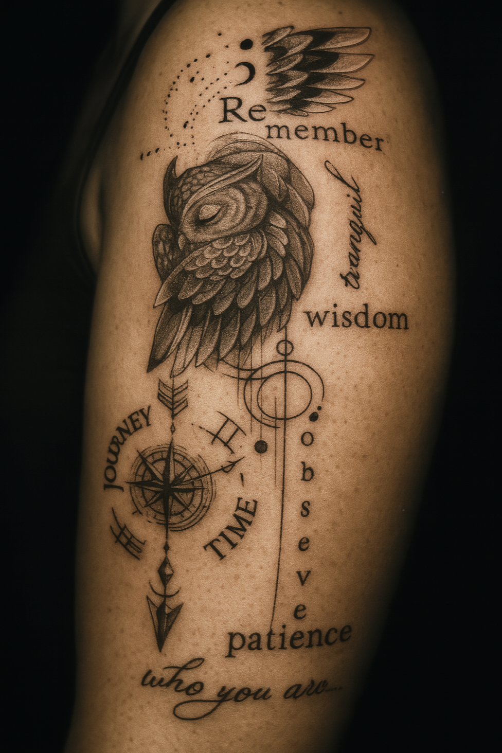 Tattoo of an owl with various words and symbols, including 'Remember', 'gratitude', 'wisdom', 'journey', 'time', 'patience', and the phrase 'who you all' at the bottom.