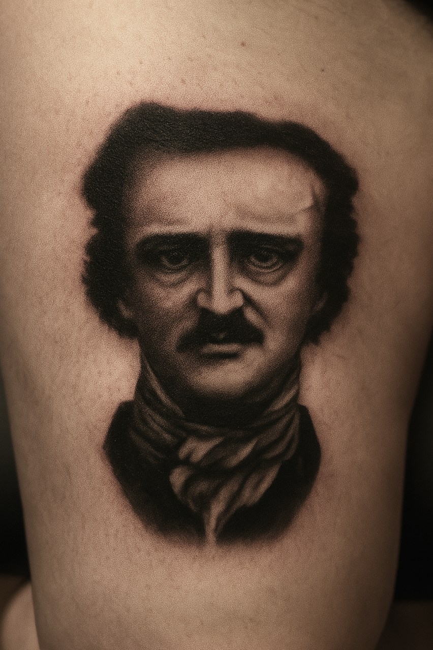 Tattoo of Edgar Allan Poe's portrait on skin.