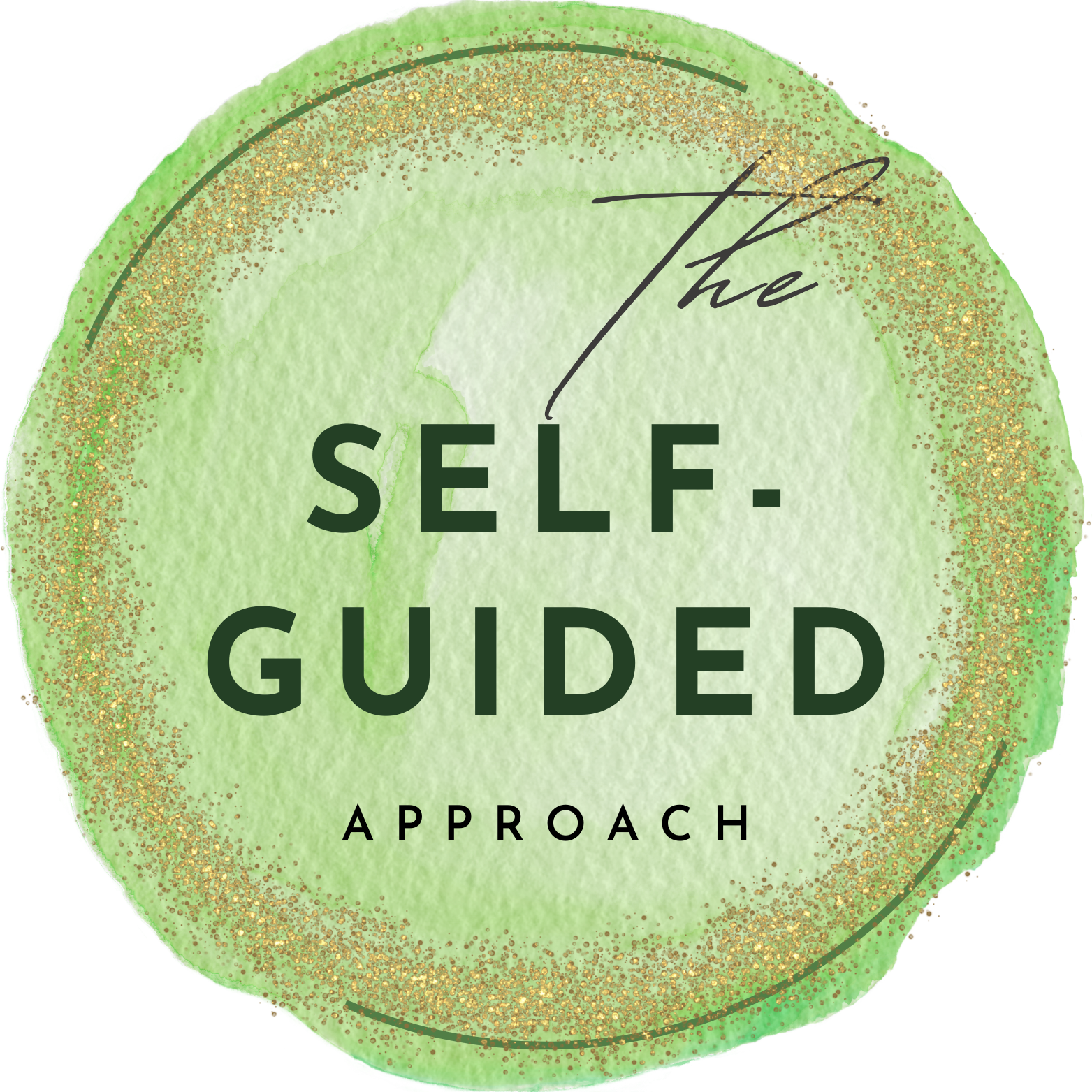 Green circular badge with gold glitter border that reads 'The Self-Guided Approach'.