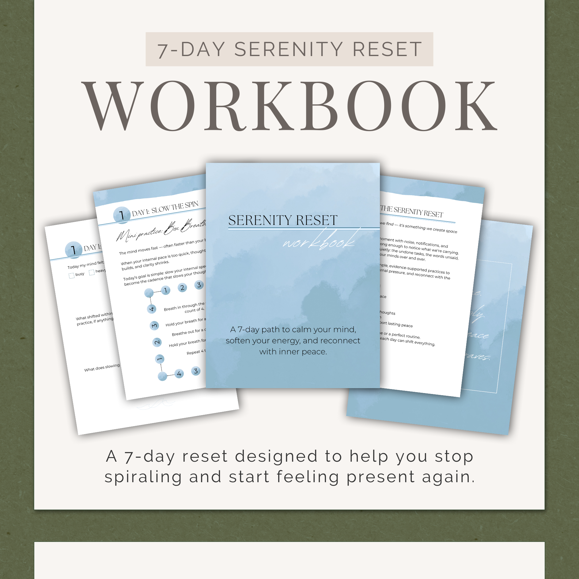 Cover of a 7-day serenity reset workbook with blue watercolor background and pages showing mindfulness exercises.