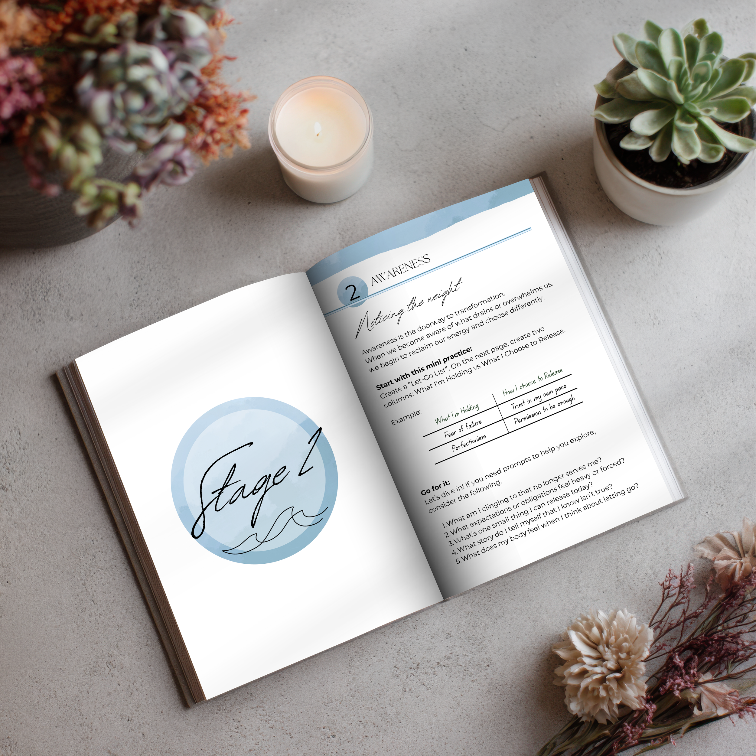 Open booklet on a table with flowers, a lit candle, and a potted succulent. The booklet shows a page titled 'Awareness' with a logo reading 'Stage 2.'