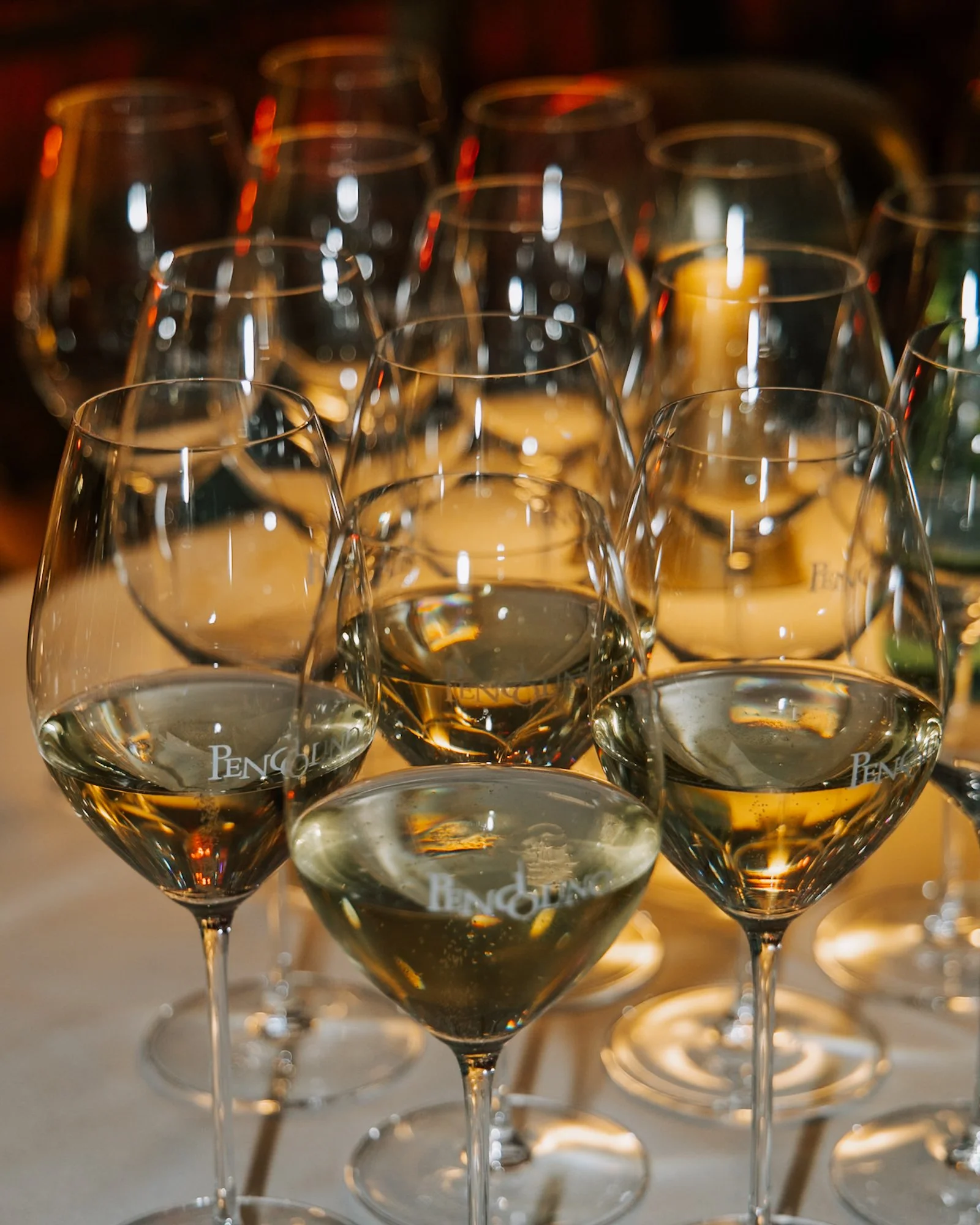 Wine glasses prepared for a private event at Pendolino in Sydney CBD.
