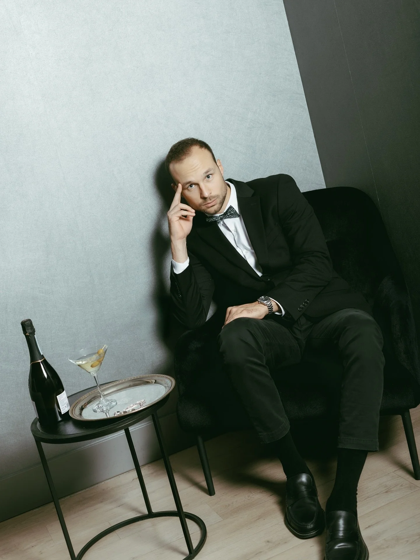 The modern groom. Quiet confidence, subtle elegance, and a story in every frame. 007style.

Creative Team &amp; Credits

Photographer and creative director : Raveen Perera &mdash; @etherealframes.ca 
Florals: @elysian.floral 
Dress Designer: @kristin