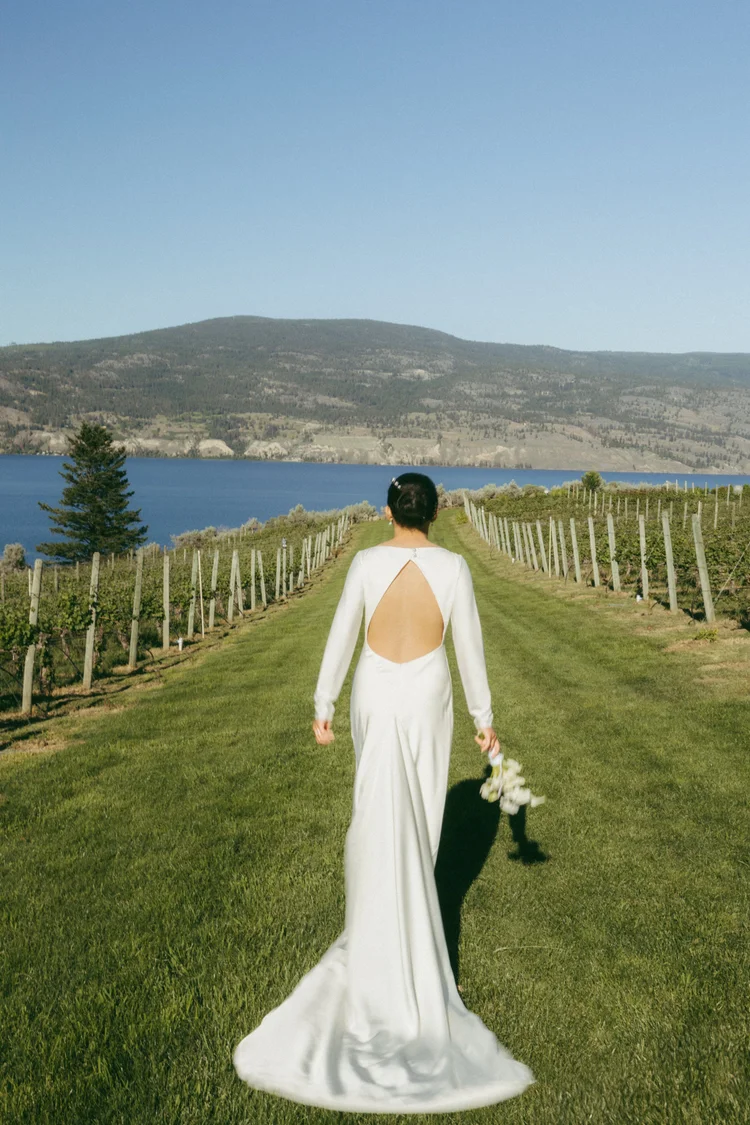 A bride in an open-back gown walking down a vineyard row toward Okanagan Lake