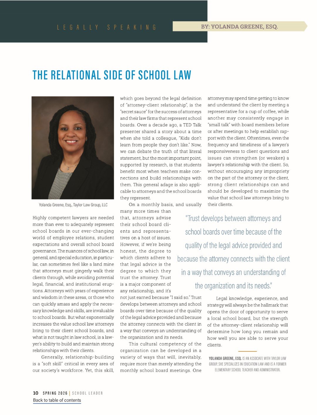 Associate Yolanda Greene, Esq. Speaks On “The Relational Side of School Law” in School Leader Magazine