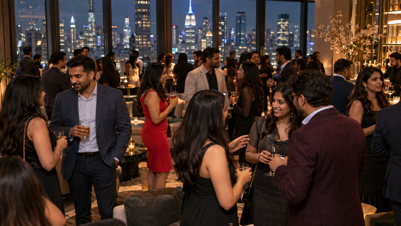 Crowd of South Asian singles socializing at an evening event in New York City