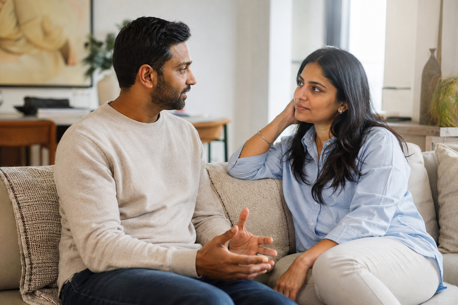 South Asian American couple having a calm and thoughtful conversation at home.