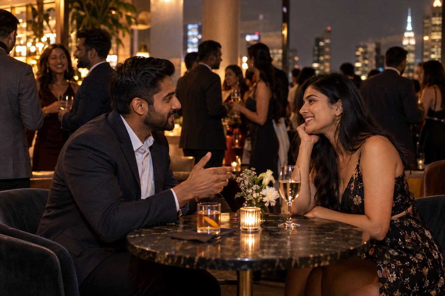 South Asian man and woman having a one-on-one conversation at a singles event