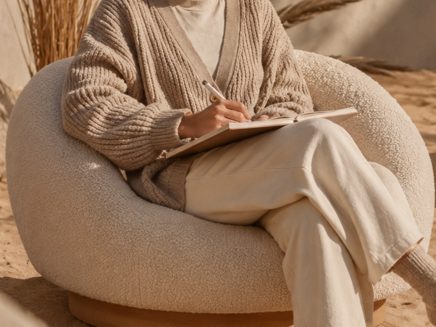Person sitting on a plush, cream-colored armchair outdoors, writing in a notebook with a pen, wearing a beige sweater and cream-colored pants.