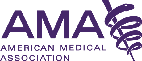 Logo of the American Medical Association with purple text and a caduceus symbol.
