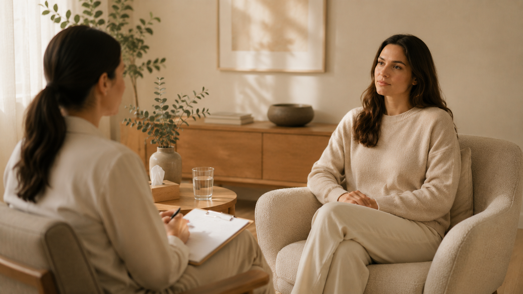 Two women having a conversation in a cozy, well-lit living room, sitting on armchairs, with a side table between them holding a glass of water, a notepad, and a pen.