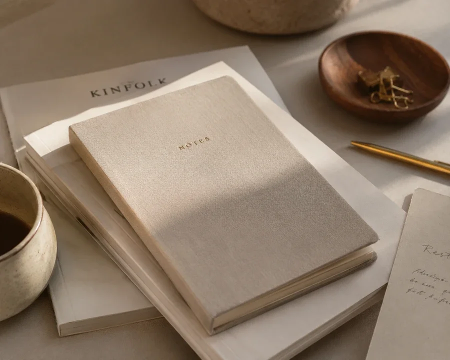 A beige fabric-covered notebook labeled 'NOTES' resting on other papers and a magazine titled 'KINFOLK,' surrounded by a coffee mug, a small wooden dish with clips, a gold pen, and a handwritten note on white paper.